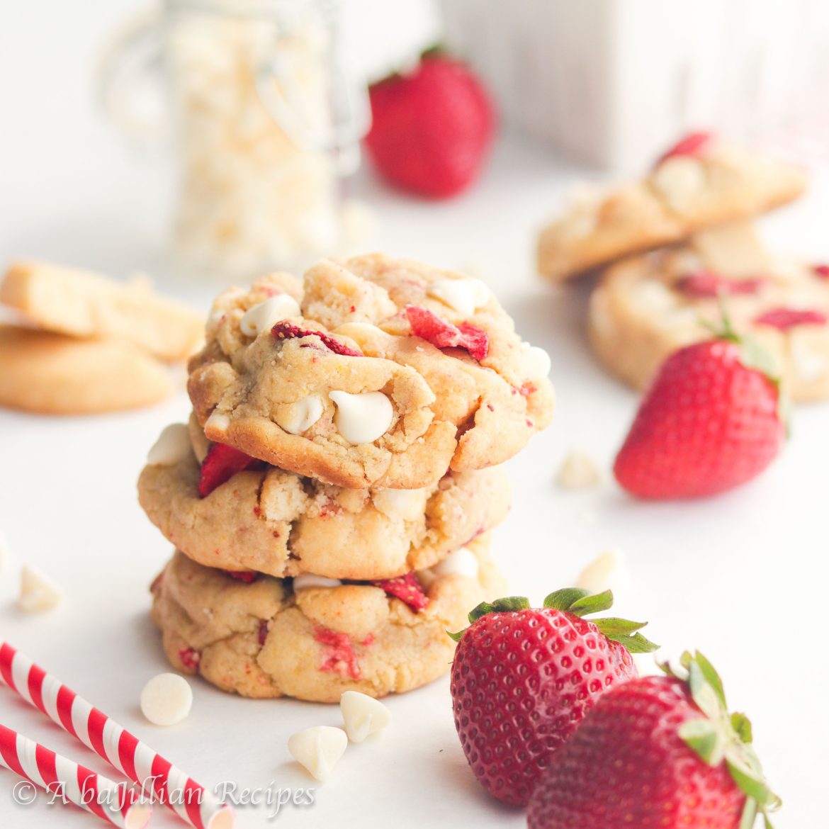 These Strawberry Shortcake Cookies are soft, thick, and brimming with white chocolate chips, buttery shortbread cookies, and freeze dried strawberries!