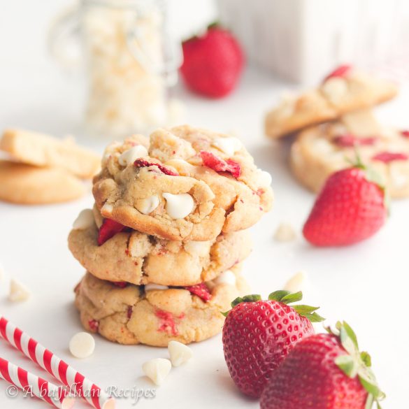 These Strawberry Shortcake Cookies are soft, thick, and brimming with white chocolate chips, buttery shortbread cookies, and freeze dried strawberries!