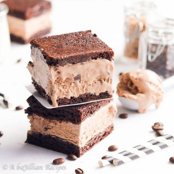 Creamy homemade mocha toffee ice cream sandwiched between two ultra fudgy brownies!