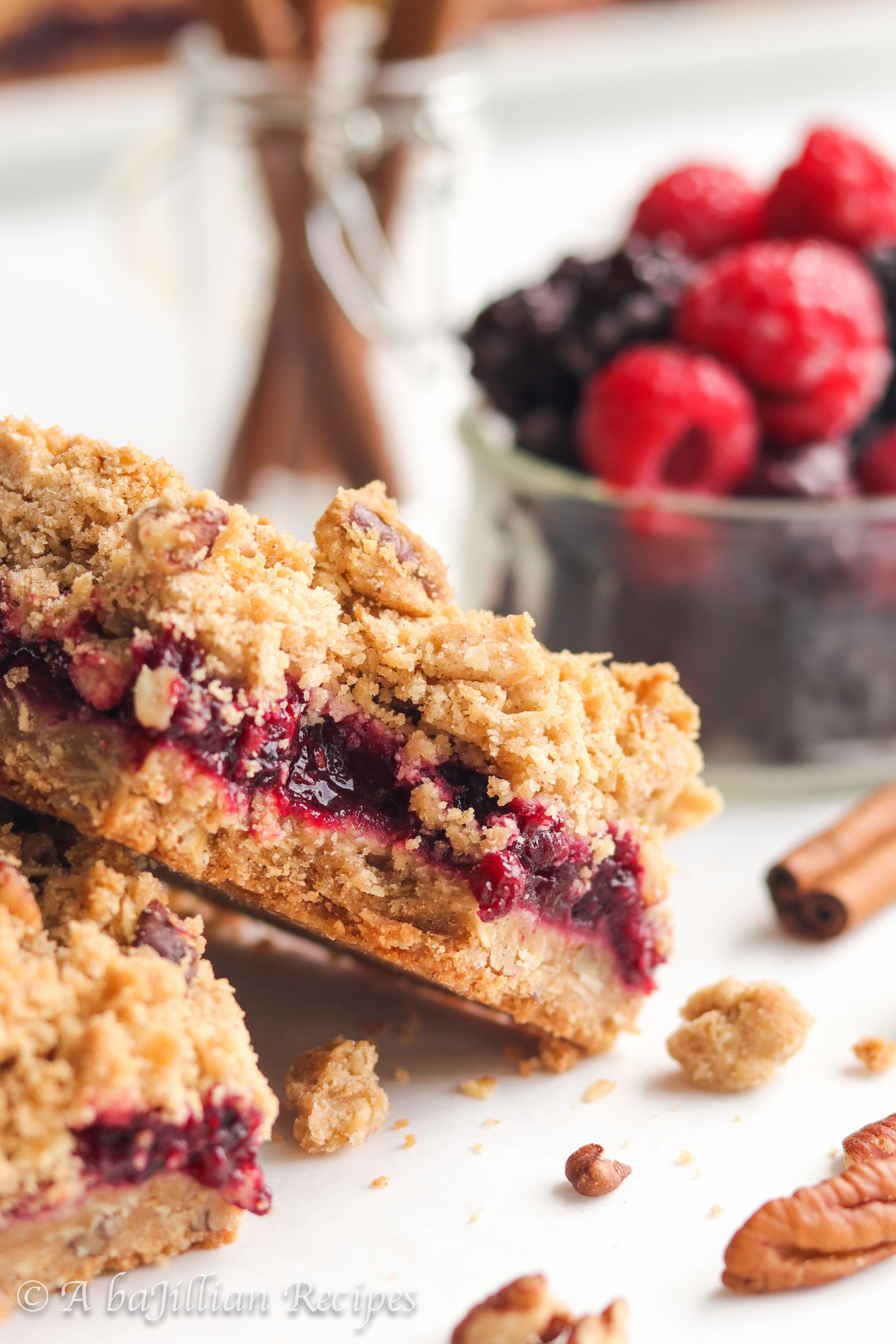 A lusciously jammy filling of raspberries, blackberries and rhubarb paired with a buttery, brown sugary crumble crust and topping!