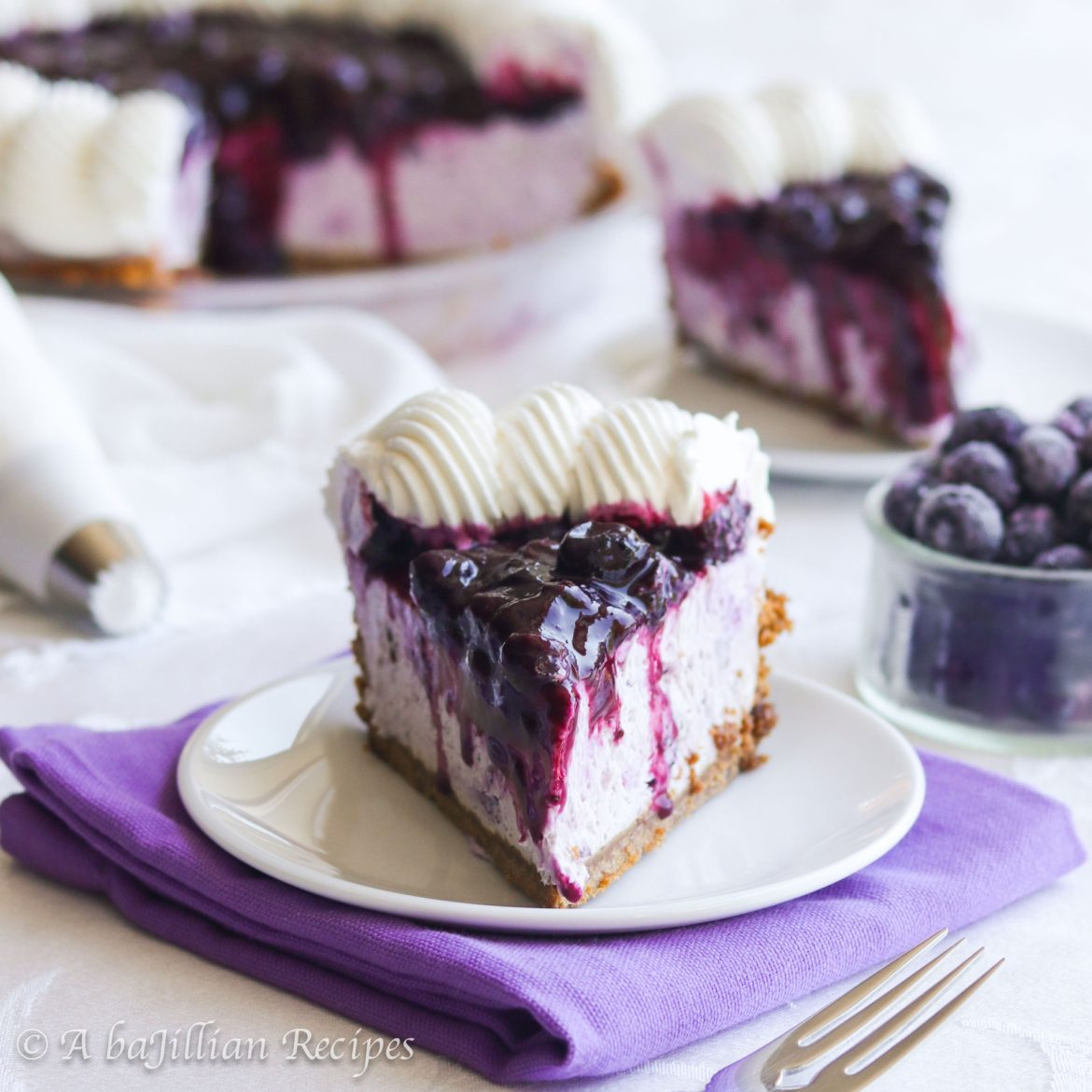 Light and fluffy blueberry cream filling and luscious blueberry topping nestled in a buttery Biscoff cookie crust!