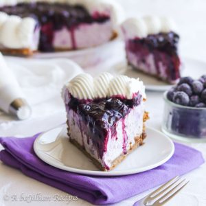 Light and fluffy blueberry cream filling and luscious blueberry topping nestled in a buttery Biscoff cookie crust!