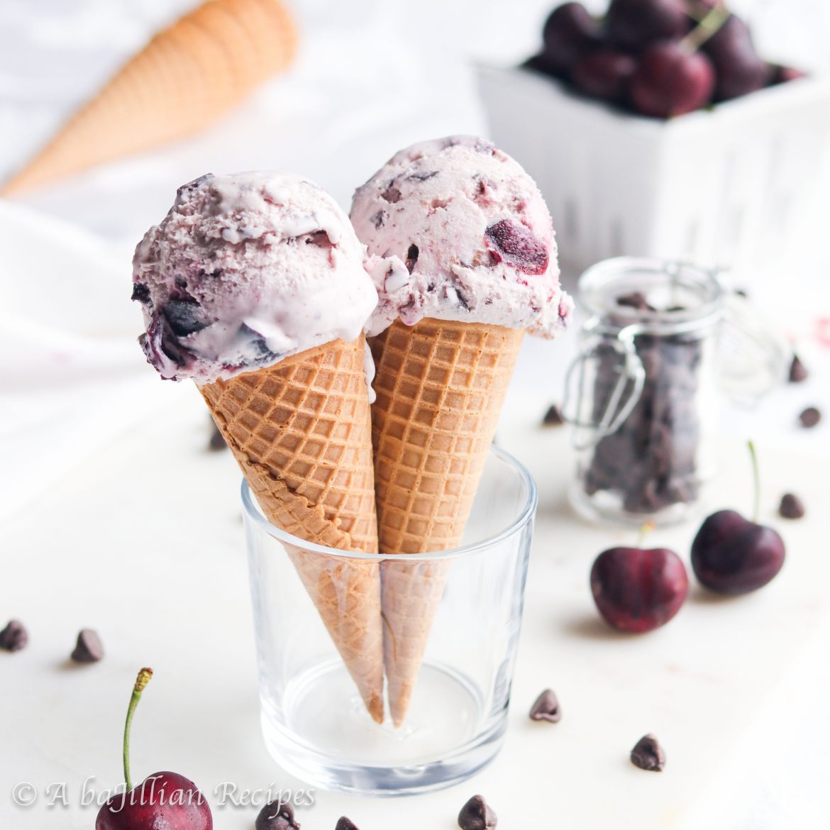 Incredibly creamy no-churn ice cream infused with the natural sweetness of fresh cherries, loaded with flecks of dark chocolate and sweetened cherries!