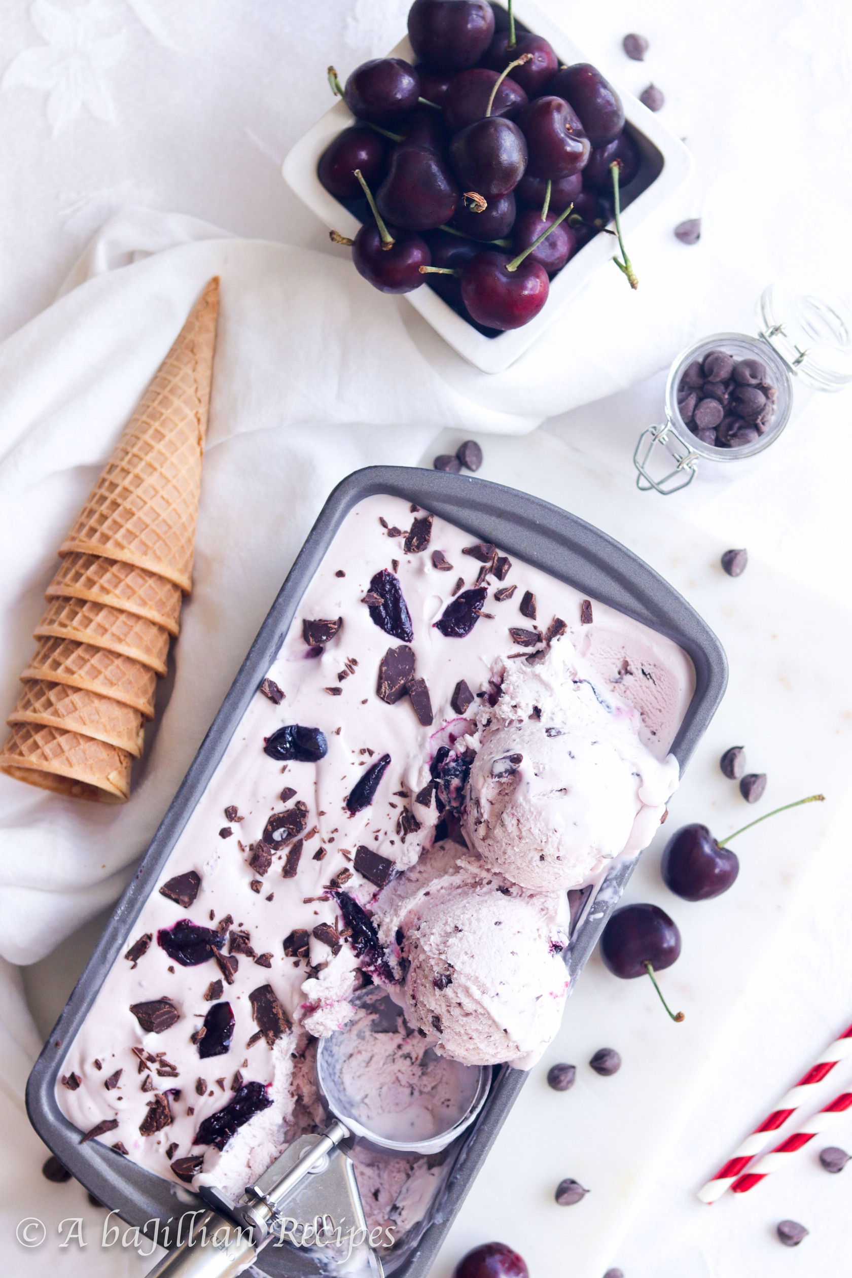 Incredibly creamy no-churn ice cream infused with the natural sweetness of fresh cherries, loaded with flecks of dark chocolate and sweetened cherries!