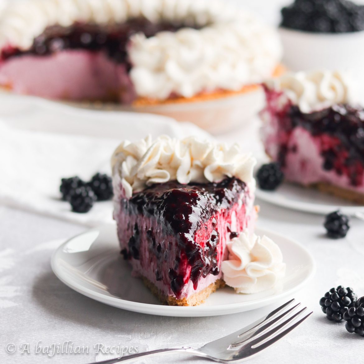 Smooth and creamy blackberry filling nestled in a crispy graham cracker crust and finished with homemade blackberry topping!
