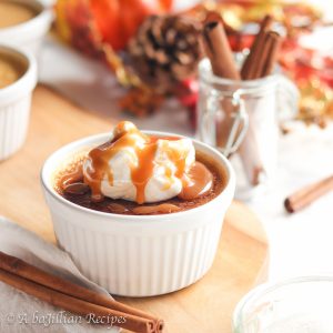 Exquisitely smooth and creamy crème brûlée infused with the fall sweetness of pumpkin and warm richness of silky caramel!