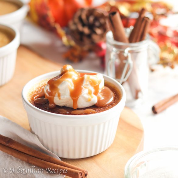 Exquisitely smooth and creamy crème brûlée infused with the fall sweetness of pumpkin and warm richness of silky caramel!