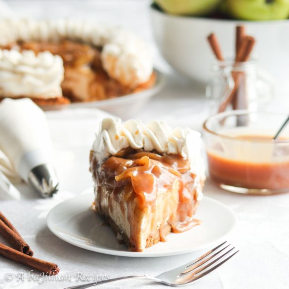 This Caramel Apple Cream Pie has a fluffy caramel filling, tender caramel apple topping, and a buttery Biscoff cookie crust!