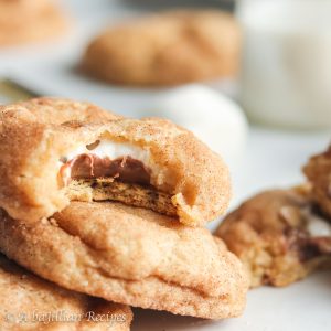 Snickerdoodles and s'mores collide in this soft and chewy cinnamon-spiced cookie that's stuffed with a toasted graham cracker, rich milk chocolate, and an ooey gooey marshmallow!